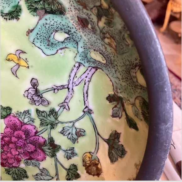 Japan Porcelain Metal Encased Bowl 8” Painted Hong Kong Pink Floral & Green Vtg - Picture 5 of 7
